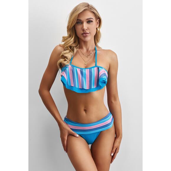 Blue Pink Striped Accent Ruffle Trim Bikini Swimsuit - Small - Picture 3 of 6